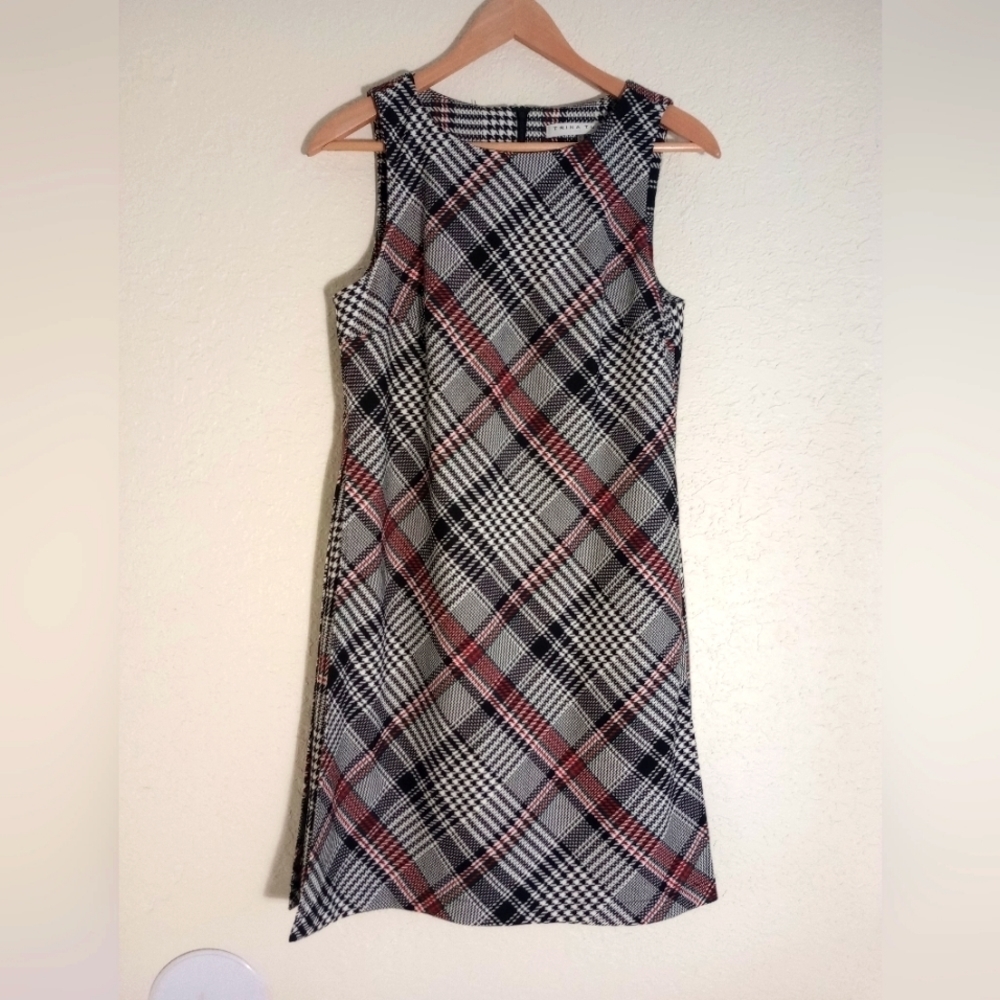 Trina Turk Plaid Shift Dress in Black, White & Red